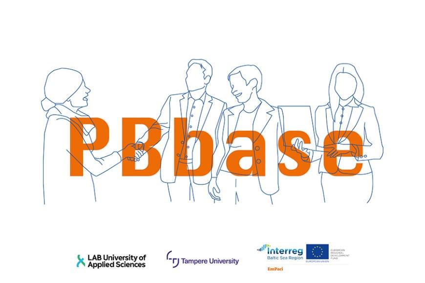 Piirroksessa ihmisiä ja teksti PBbase, hankekumppanien logot.