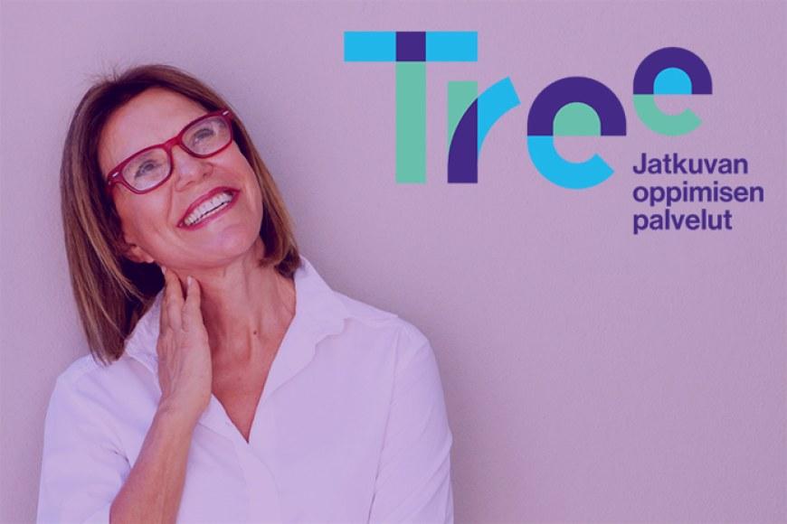 Hymyilevä nainen ja Tree - Jatkuvan oppimisen palvelut logo