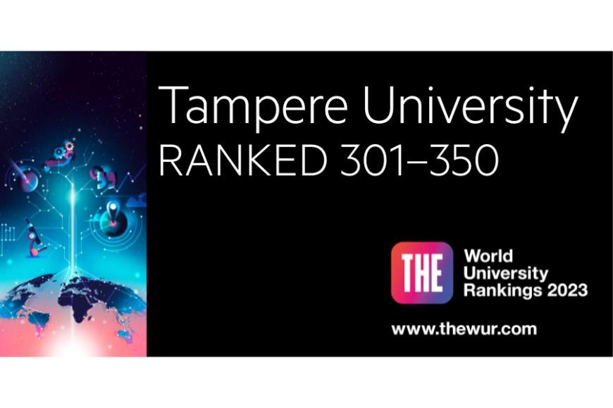 THE logo, grafiikkaa ja teksti Tampere University ranked 301-350.