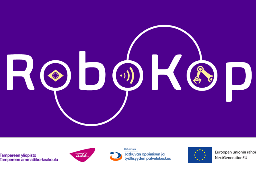 RoboKop projektin logossa o-kirjaimien sisällä koneistus, wifi ja robottisymbolit.
