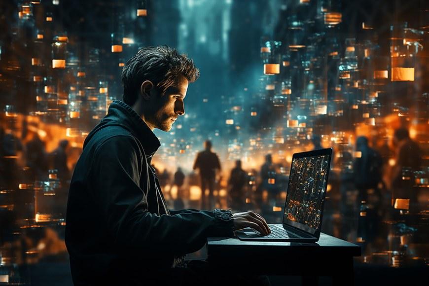 A man generating AI image on laptop.