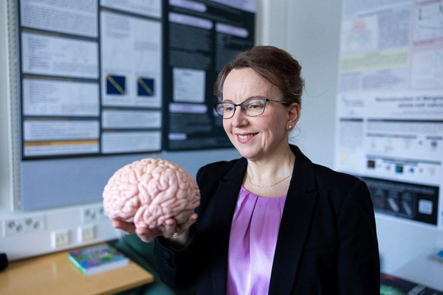 Marja-Leena Linne on työhuoneessa, jonka seinillä on postereita. Hän katsoo keinotekoisia ihmisen aivoja, joita pitelee kädessään.