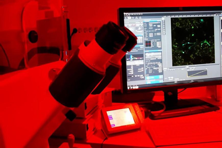A microscope and a computer screen in red light.
