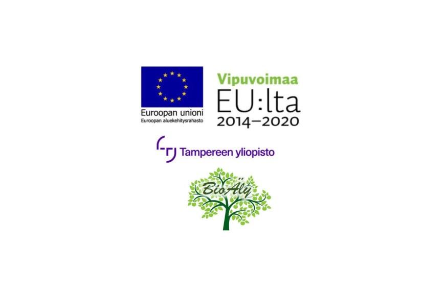 EU:n logo, Vipuvoimaa EU:lta-ohjelman logo, Tampereen yliopiston logo sekä BioÄly-projektin logo