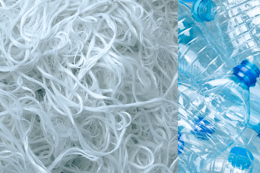 Kuvassa vasemmalla filamenttikuitua ja oikealla tyhjiä, kirkkaita muovipulloja