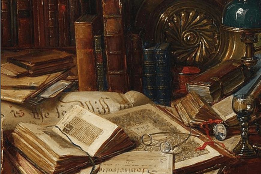 Kuvassa vanhoja kirjoja sekä muita esineitä pinossa työpöydällä.