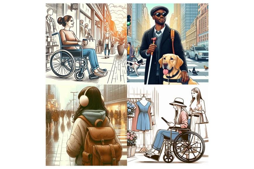Neljän kuvan kollaasi, jossa on nainen pyörätuolissa kadulla kahvikuppi sylissään, näkövammainen mies opaskoiran ja valkoisen sauvan kanssa, tyttö selin reppu selässään ja kuulosuojaimet päässään sekä pyörätuolissa oleva nainen vaateostoksilla.