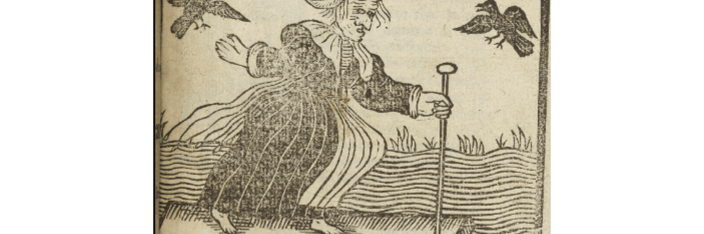 a woodcut image of an old stopped woman in a seventeenth-century dress, with a walking stick in her hand and two do´rows or demons flying on both sides