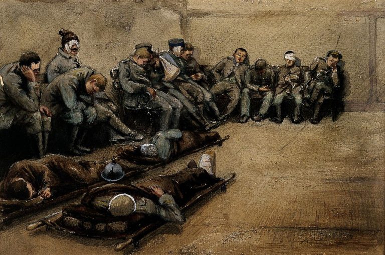 Russo-Japanese War: wounded soldiers slouched on benches and on stretchers on a stone floor. Watercolour. Iconographic Collections