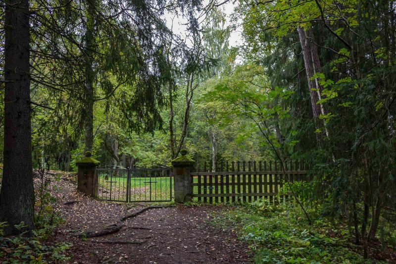 Hautausmaan portti, jonka ympärillä on metsää.
