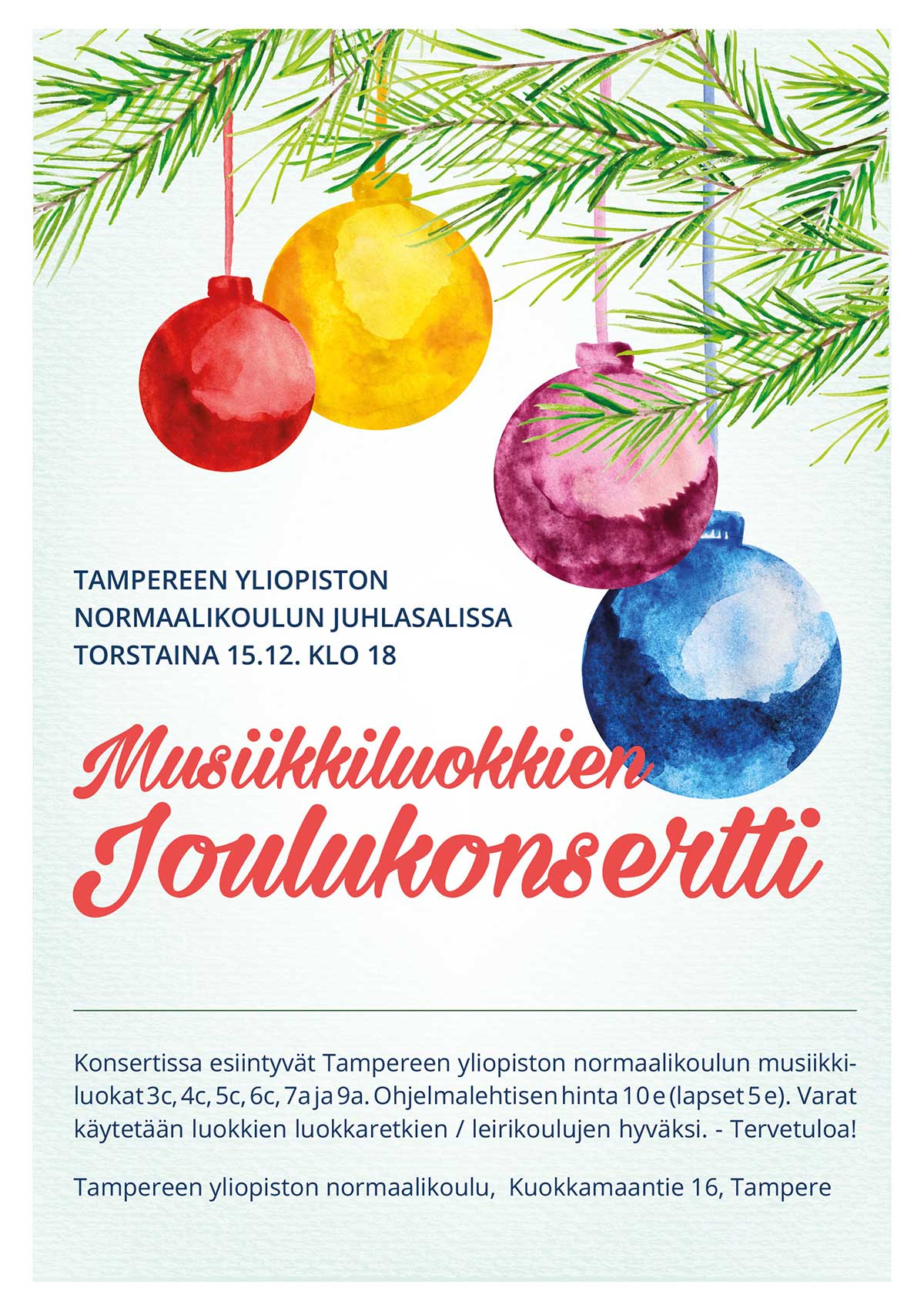 Musiikkiluokkien Joulukonsertti 15.12. klo 18