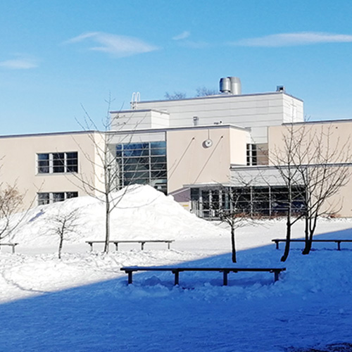 Talvinen ja luminen kirkaan päivän kuva Norssin pihasta, jossa näkyy taustalla vaalea kaksikerroksinen koulun H-siipi.