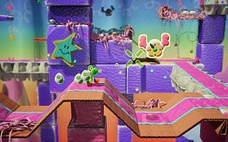 Yoshi is aiming eggs at a cloud in a pink and purple colored level.
