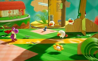 A purple Yoshi and three Poochy pups.