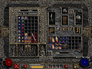 The inventory: Gear, charms and many potions. Stash: Many gems, jewels, and other items.
