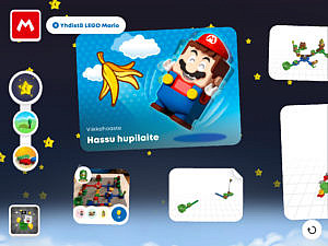 User generated course designs and an excited Lego Mario figurine on the app.