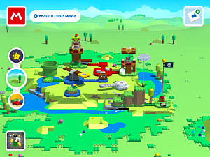 The digital course has green grass and a water stream. 