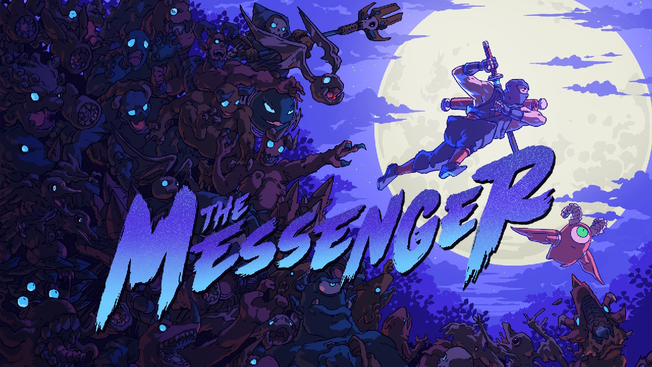 Title screen of the game. The main character, Messenger, is running from a group of monsters.
