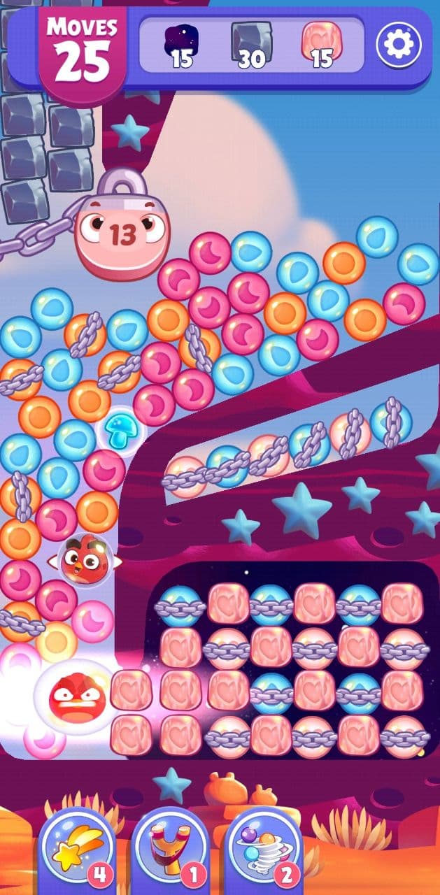 A red Angry Bird about to explode, surrounded by bubbles.