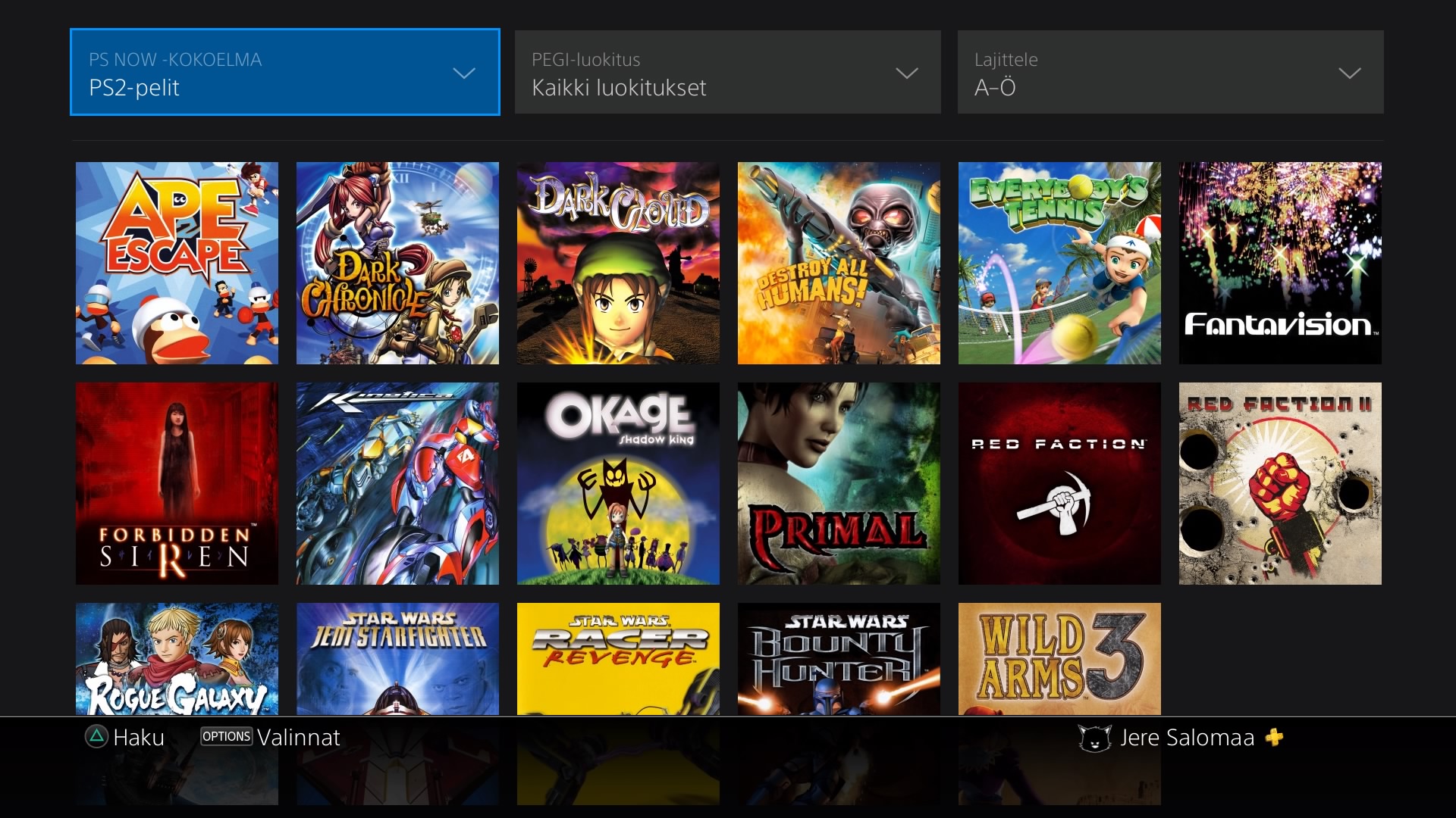PS Now menu of playable Playstation 2 games.