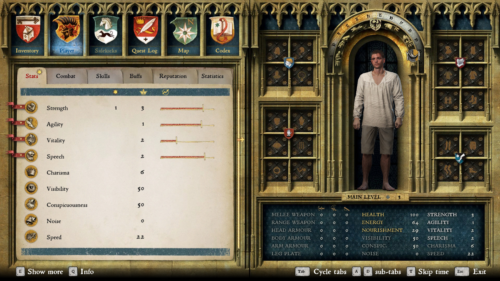 The character menu screen with stats visible