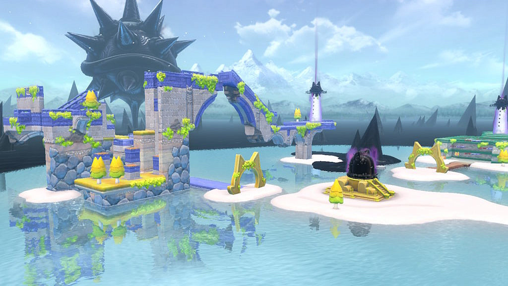 Overview of a course in Lake Lapcat. A gigantic Bowser covered in dripping black oil is looming behind the scenery.