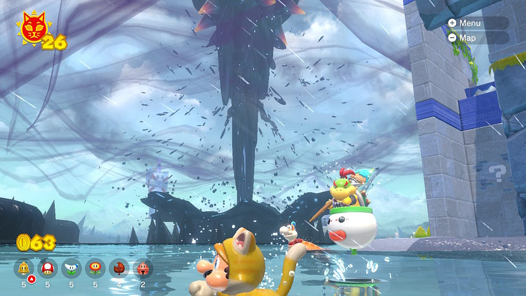 Mario in a catsuit is swimming across the lake, while in the backaground Bowsers is spinning up an oily hurricane.