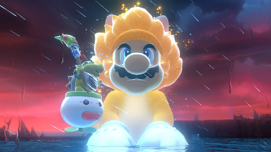 A gigantic catsuit Mario is sitting in a stormy lake with Bowser Junior beside him.