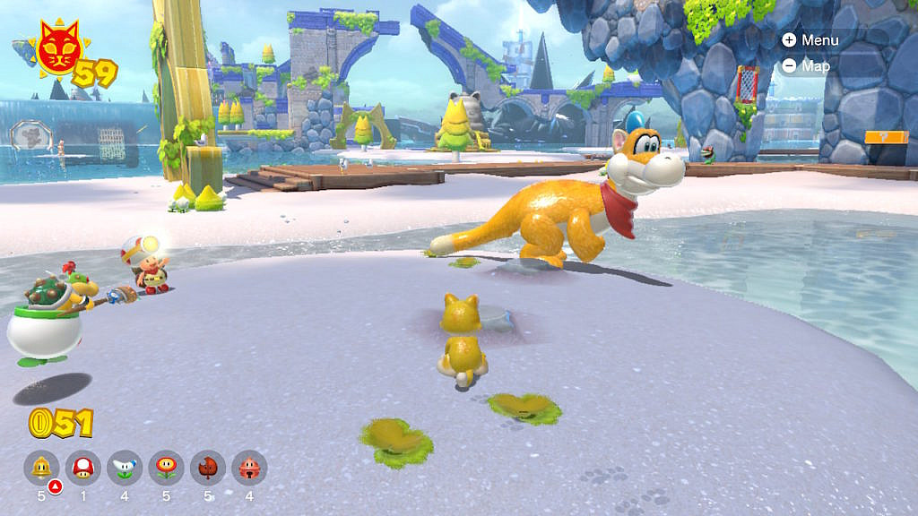 Catsuit Mario sits on an isle and is looking at Plessie.