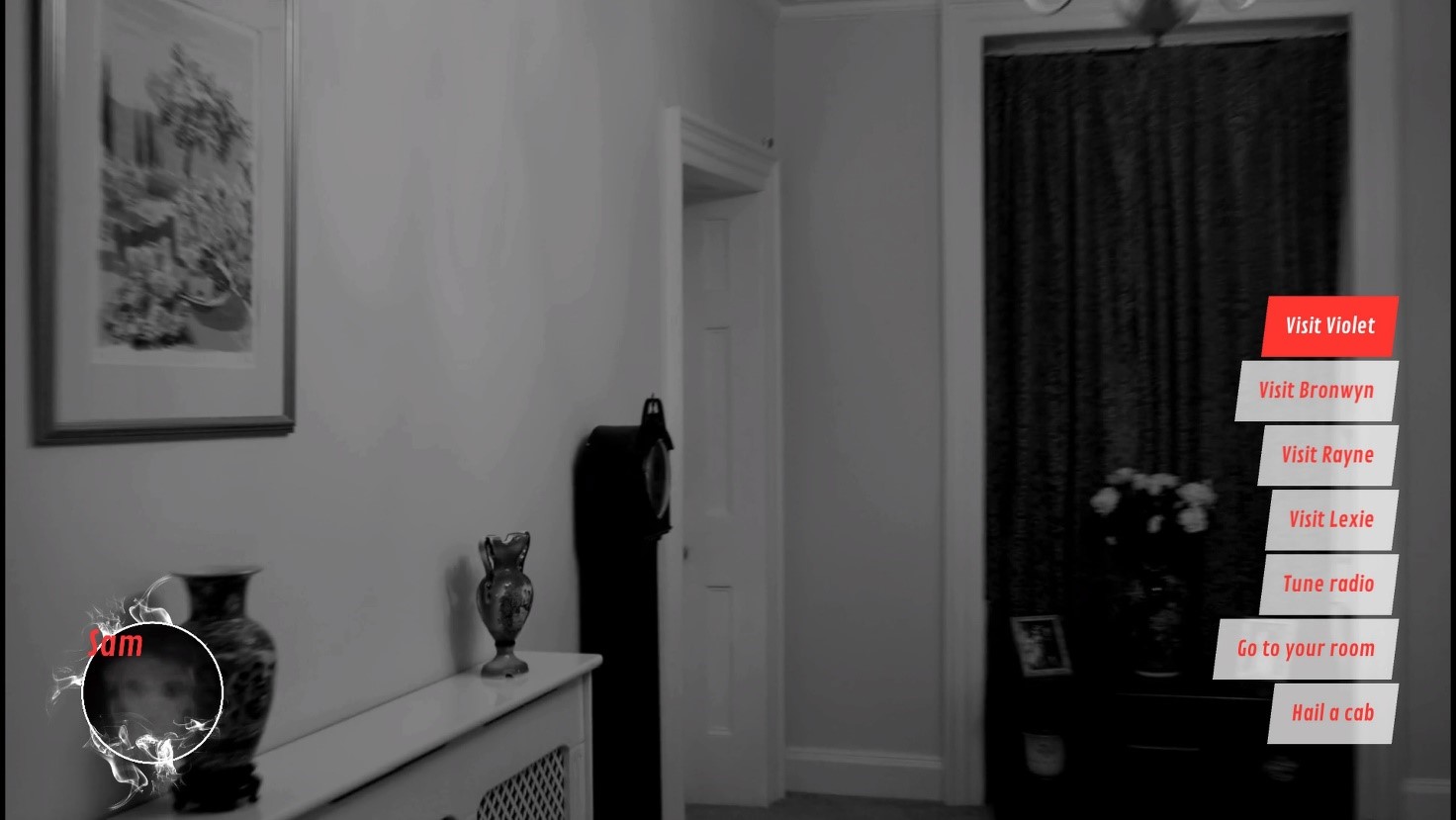 Options for a player to choose where to travel in the house with the real house hallway in black and white on the back