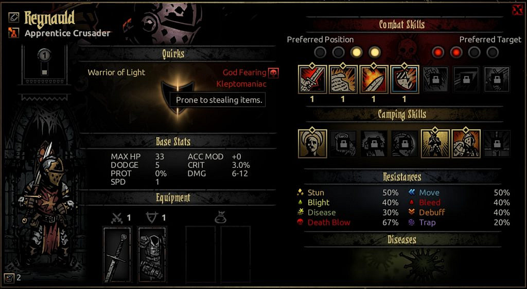 Character sheet with stats, abilities, resistances and quirks.