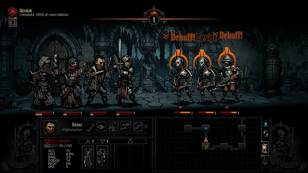 Four heroes fighting against three skeletons.