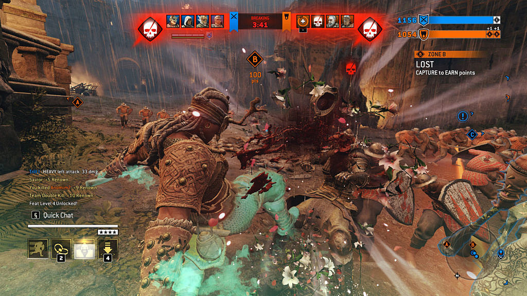 A viking berserker beheading an enemy character (blood, no gore).