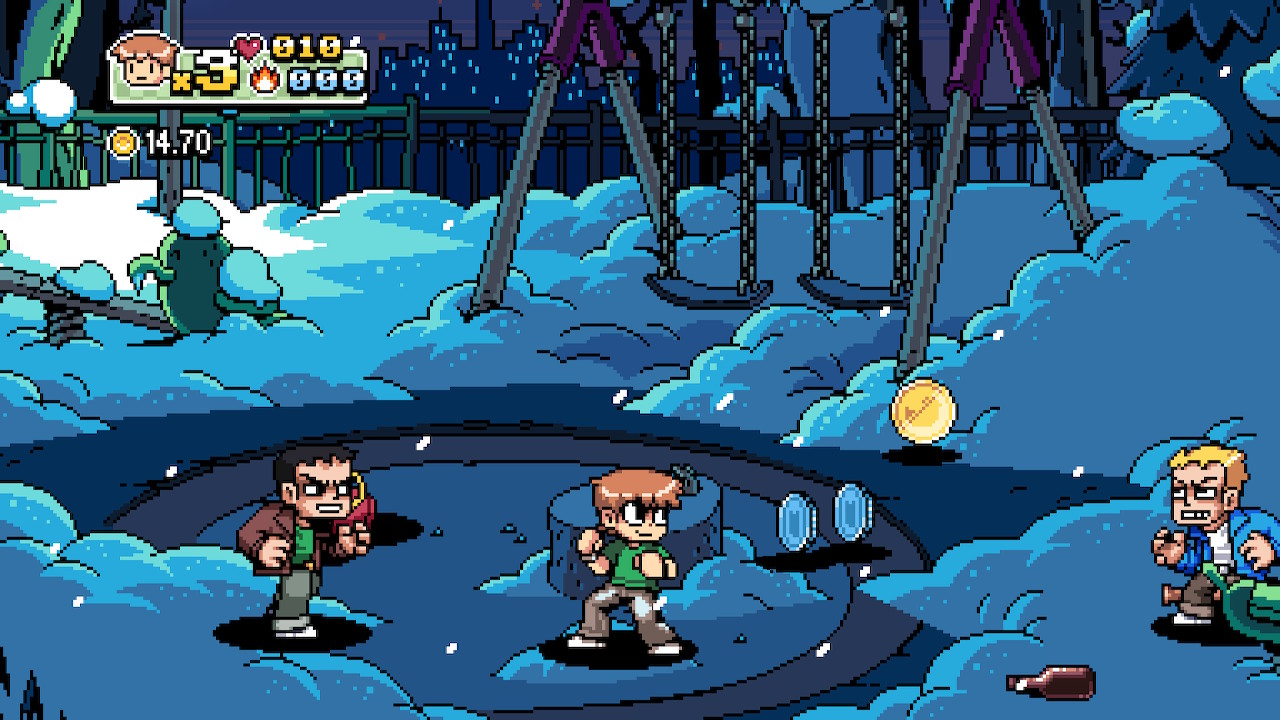 Scott Pilgrim with enemies on his either side and some coins lying on the ground. The stage features a snowy playground at night.