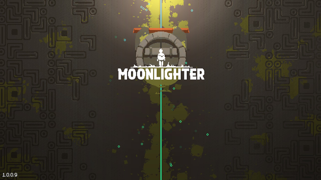 Title screen of the game. A character is standing in front of a stone gate and the word Moonlighter read underneath them.