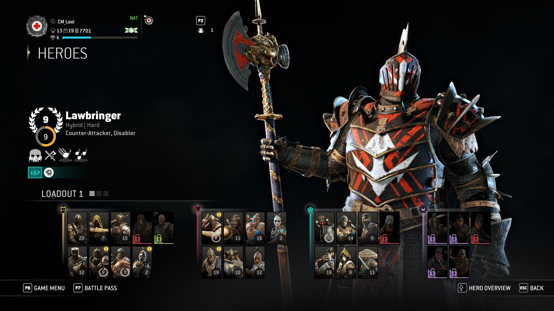 Character selection screen of For Honor; with the Lawbringer character picked.