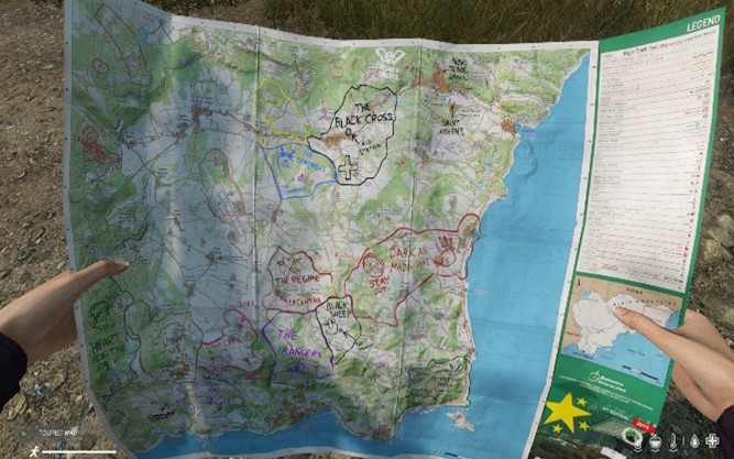 The in-game paper map performs the scale of the map and the territory with the main designations and lay outline 