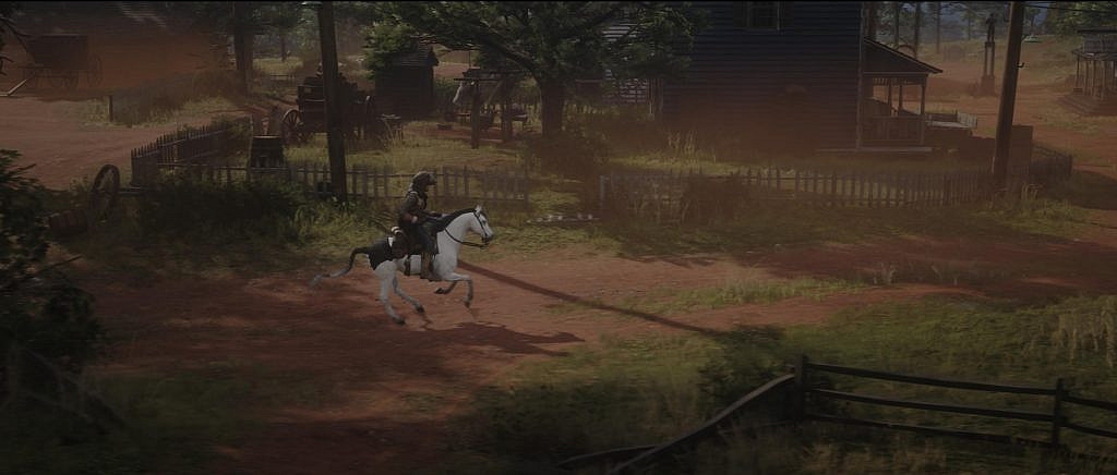 A male main character riding a white horse through a decaying village.