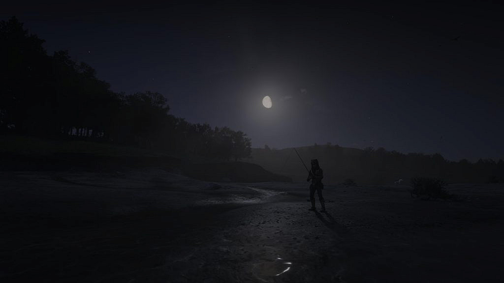A male main character fishing in a moonlight.
