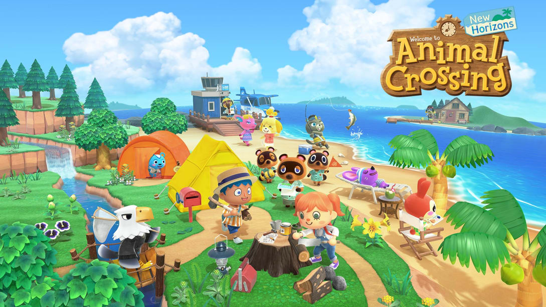 Colorful human and animal characters doing various activities on an island. There are a few tents, paths and plants. In the upper right corner there is the Animal Crossing™: New Leaf logo.