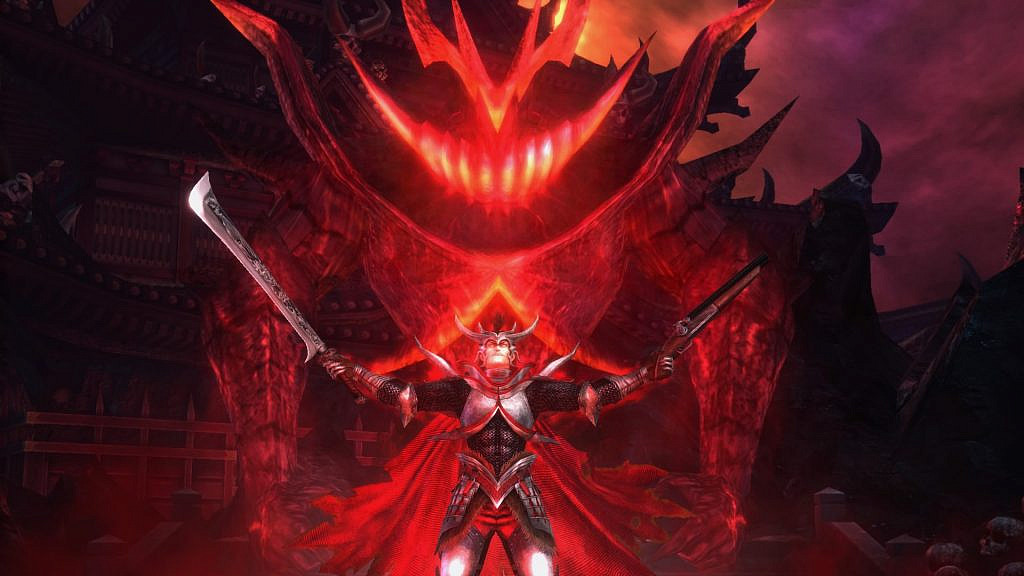 A man standing in the middle, posing with arms spread upward with sawed-off shotgun in one hand and a sword in the other with a demonic figure coming out behind him