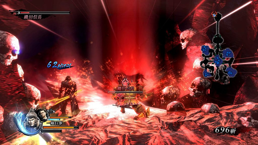 In the middle of the image a man is performing a slam dunk on another man in a battle with skull adorned hellish background surrounding them