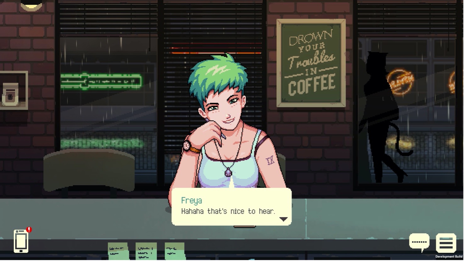 Woman with short green hair sitting at a table. A screenshot of the game CoffeeTalk.