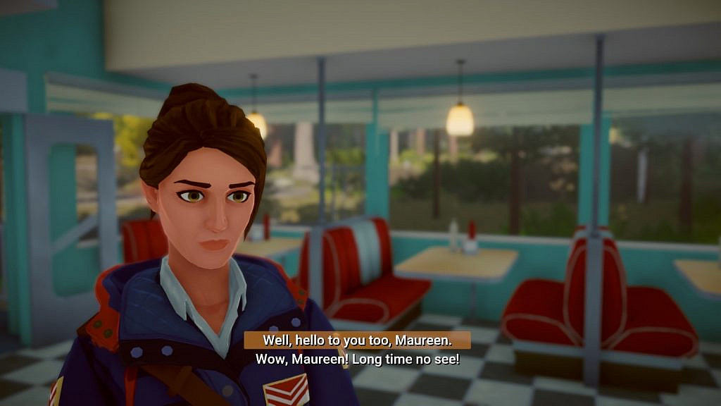 A person in a diner. Two text prompts on screen "Well, hello to you too, Maureen" and "Wow, Maureen! Long time no see!"