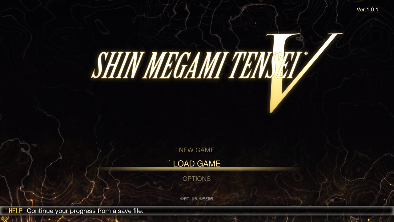 A black menu screen with yellow text that says SHIN MEGAMI TENSEI V. Options include New game, Load game and Options.