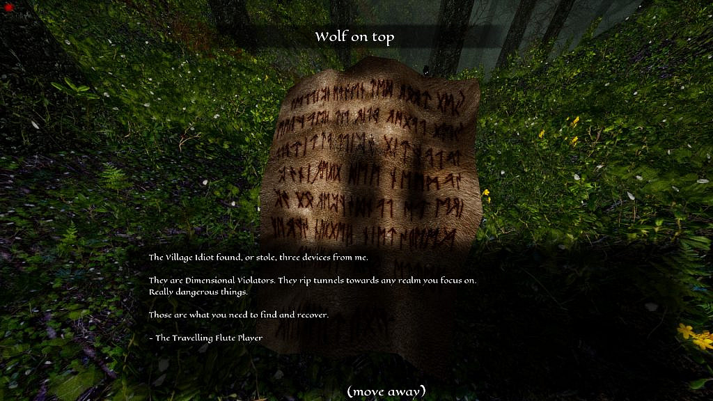 In the middle of the image there is a sheet of paper with instructions on how to proceed written in runes, below it there is a text box on what it says in English