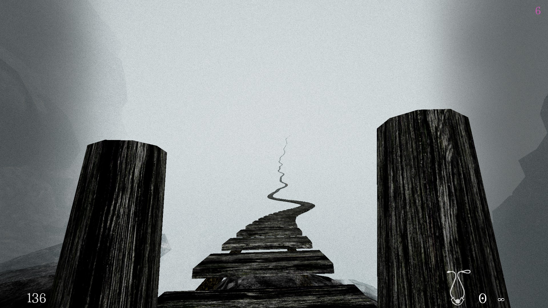 In the center of the image, starting from the bottom towards the middle there is a rope bridge extending into the distance, on each of its sides there are wooden stilts