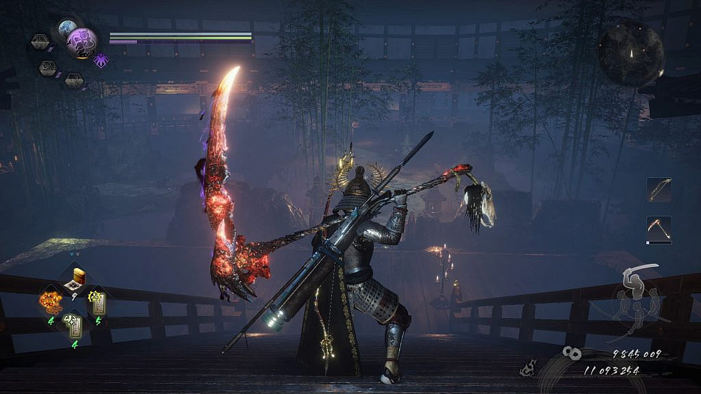 An armored character in the middle, holding a fiery glaive on their shoulders. Many icons are seen in the corners of the screen.