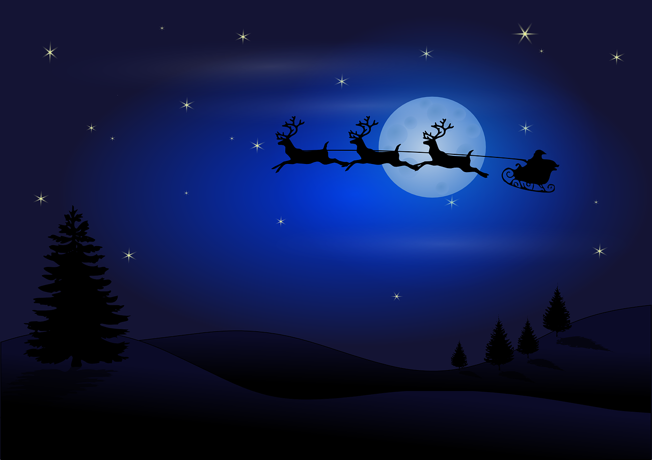 silhouette of santa and reindeers in the night sky