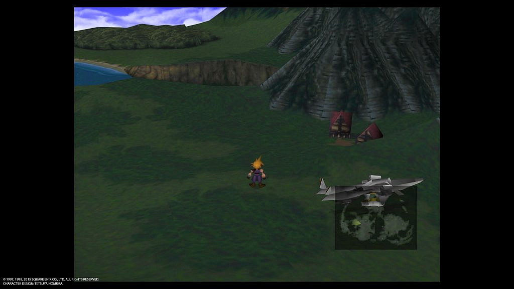 Man standing in the middle of the screen in a grassy environment, a town is seen on the middle right side with an airship parked below it